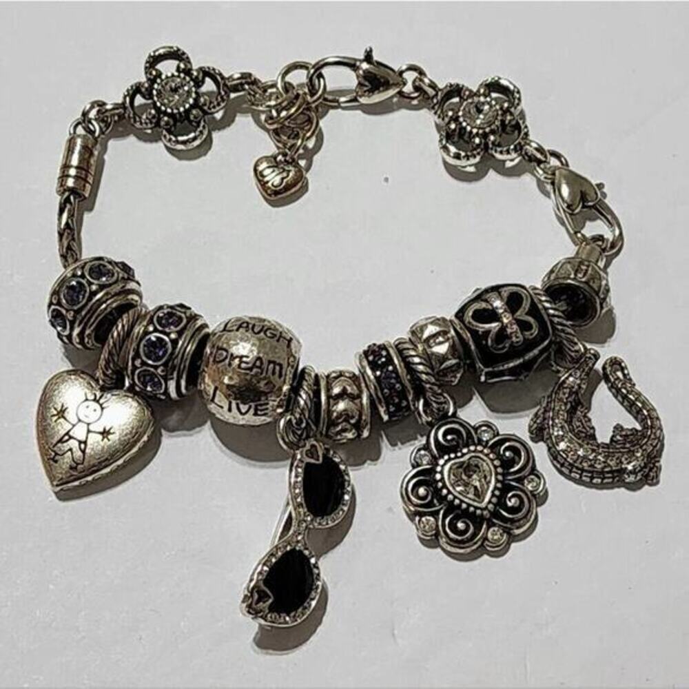 Brighton Silver Tone Laugh Dream Live Charm Bracelet Heart Sunglasses Alligator